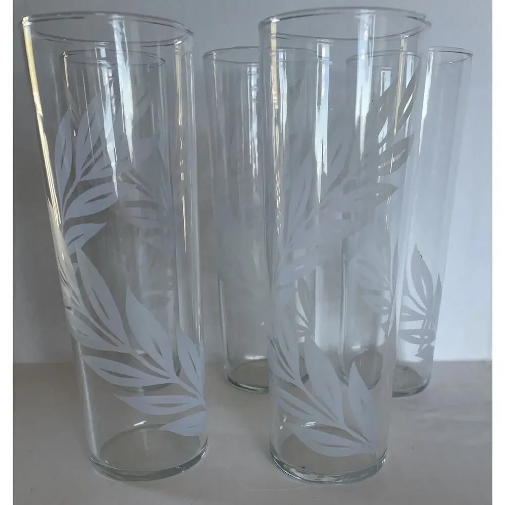Vintage Libbey Tom Collins Glasses (set of 5) Frosted Laurel Leaf Pattern.crchcb